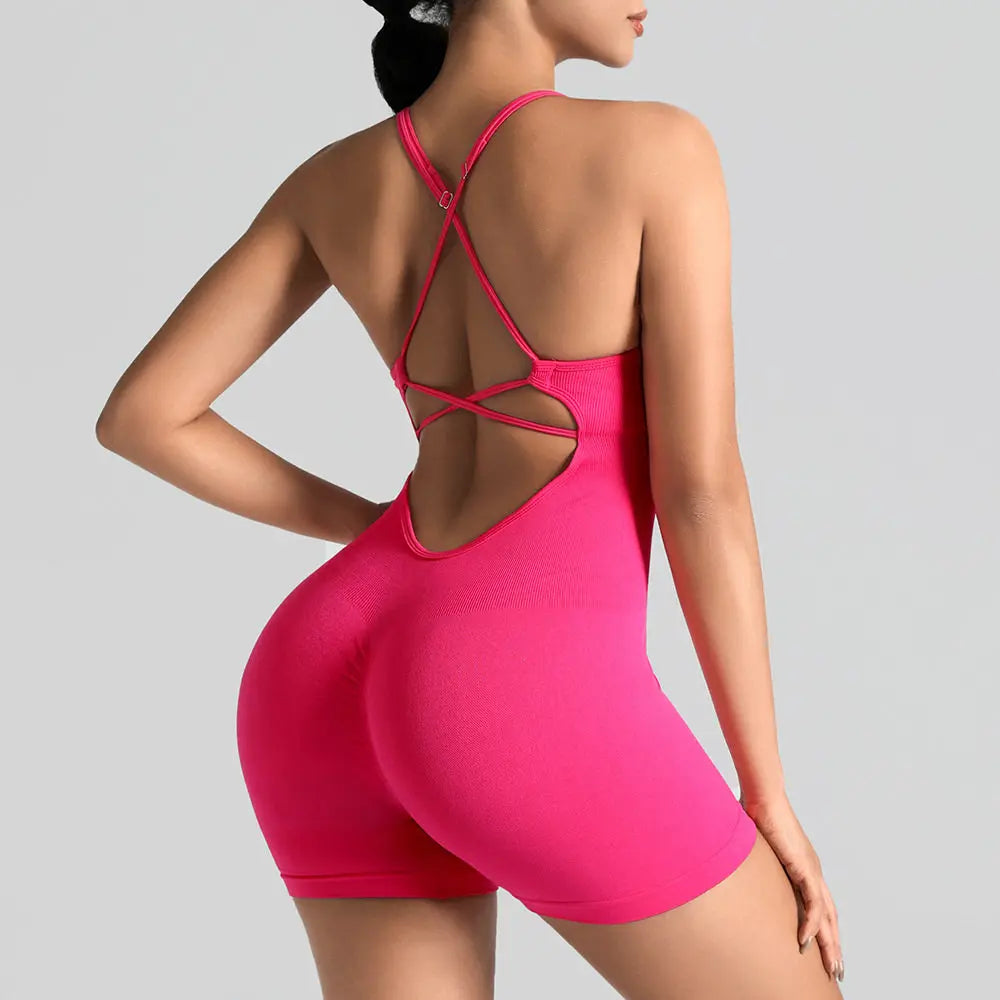 Solid Color Cross Back One Piece Yoga Shorts - Comfortable Cropped Yoga Jumpsuit for Women
