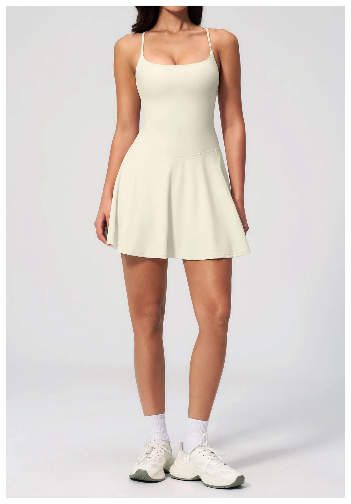 Women Tennis Dress with Shorts Pocket Square Neck Hollow Back Sleeveless One Piece Sports Outfit Fitness Pleate Mini Dresses