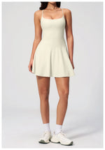 Women Tennis Dress with Shorts Pocket Square Neck Hollow Back Sleeveless One Piece Sports Outfit Fitness Pleate Mini Dresses