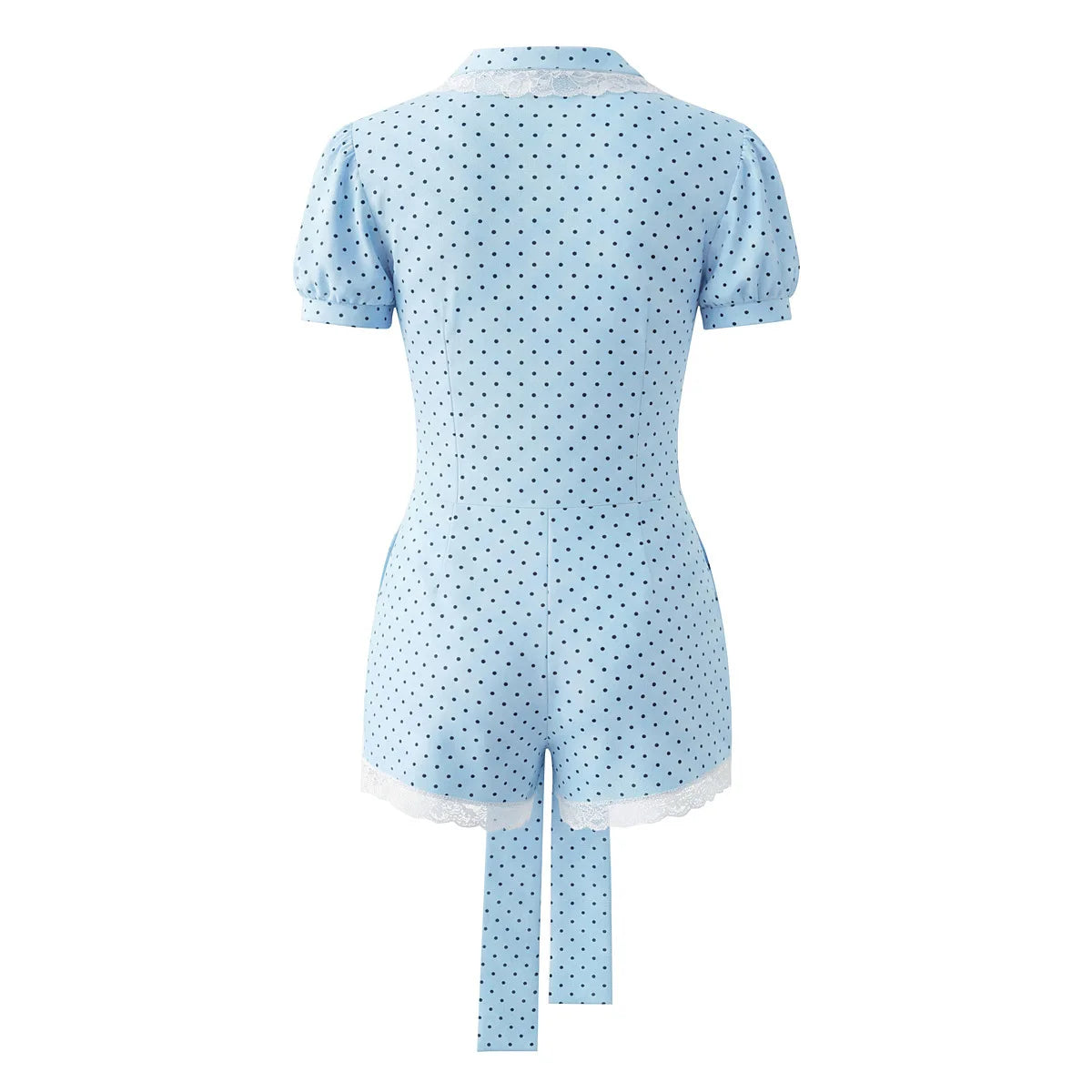 New Pure Desire Casual Style Lace Patchwork Heart Hollow Out Puff Sleeve Polka Dot Belt Jumpsuit Shorts For Woman Charming 6M0J