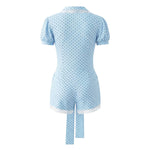New Pure Desire Casual Style Lace Patchwork Heart Hollow Out Puff Sleeve Polka Dot Belt Jumpsuit Shorts For Woman Charming 6M0J