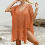 Short Sleeve V Neck Hollow Out Crochet Knitted Tunic Beach Dress Beach Wear Beachwear Beach Cover Up Cover-upsFemale Women V8061
