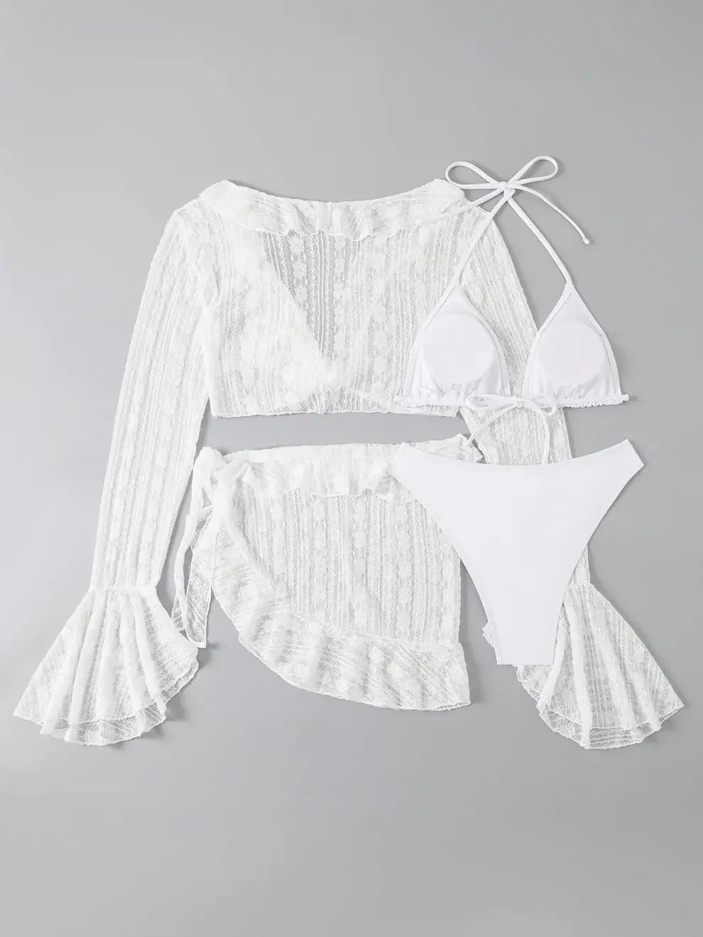Vintage Swimwear Women Long Sleeve Ruffles Cover Up Skirt 4 Piece Bikini Set 2025 Push Up Beach Bathing Suit High Waist Swimsuit