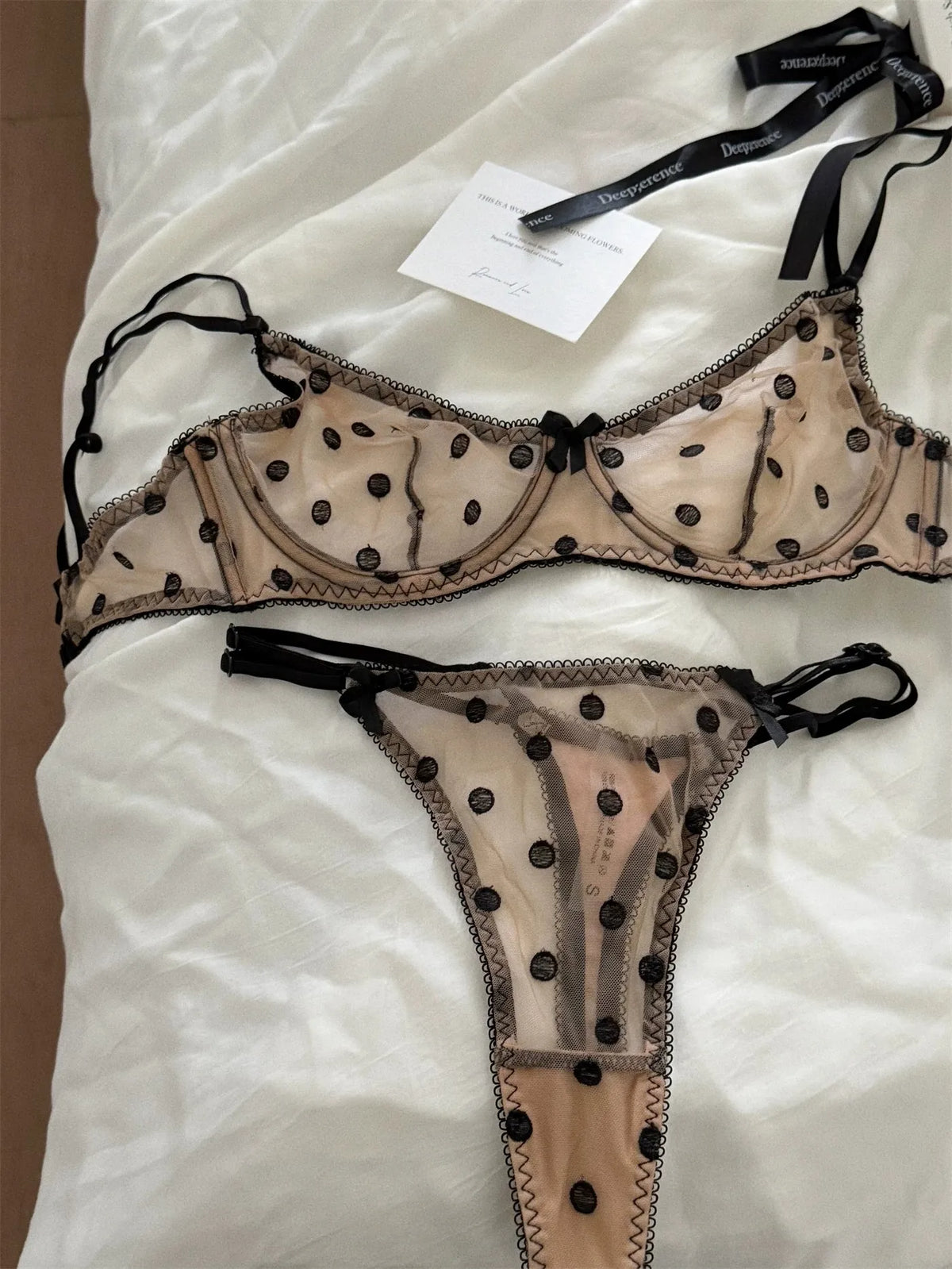 French Style Polka Dot Bra & Thong Set | Retro Sexy Lace Lingerie, Ultra Thin Sheer Netting for Big Bust & Plus Size MOYISU Bras
