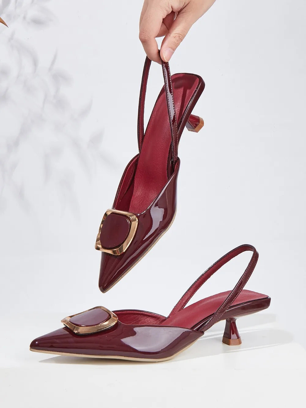 Large Size 35-43 Pointy Toe Burgundy Kitten Heels Slingback Women Summer Pumps Elegant Square Buckle Sandal OL Office Lady Shoes