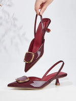 Large Size 35-43 Pointy Toe Burgundy Kitten Heels Slingback Women Summer Pumps Elegant Square Buckle Sandal OL Office Lady Shoes