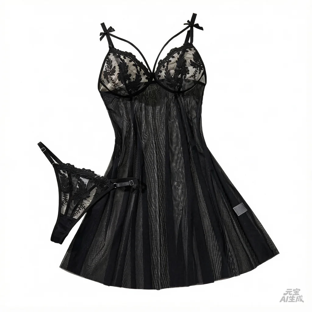 Black Floral Lace Striped Sheer Mesh Babydoll Lingerie Set Slip Nightdress With Matching Thong Women Sexy Sleepwear ZA825066