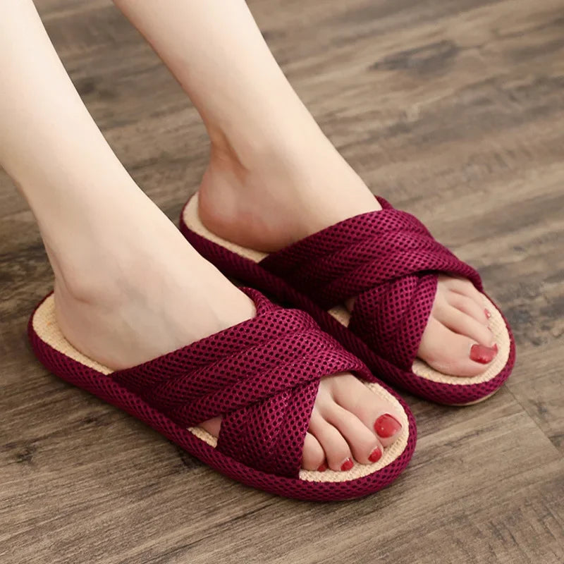 Breathable Cotton Linen Slippers For Women Men Spring Summer House Shoes Anti-slip Solid Color Couples Home Floor Slides