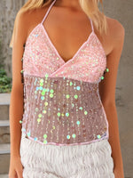 Women's Halter Neck Vest Summer Sleeveless Open Back Slim Fit Tie Up Sequins Tank Tops