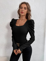 Phantasy New Y2k Tops Fashion Square Collar Slim Leg Sleeve Knitted Bubble Long Sleeve T-shirt Casual Style Vintage Clothing