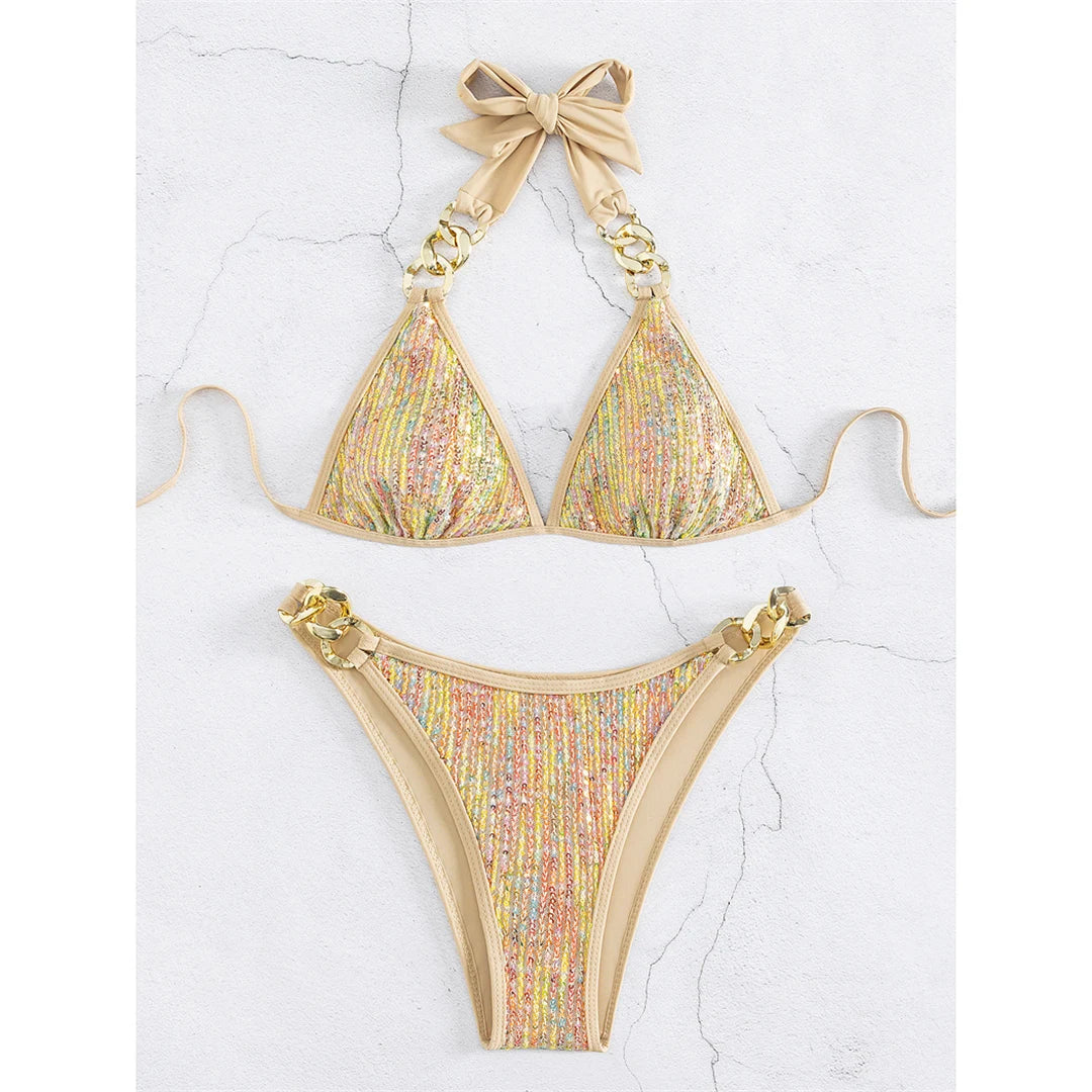 S - XL Halter Shiny Sequin Metal Ring Bikini Women Swimwear Female Swimsuit Two-pieces Bikini Set Bather Bathing Suit Swim V5108