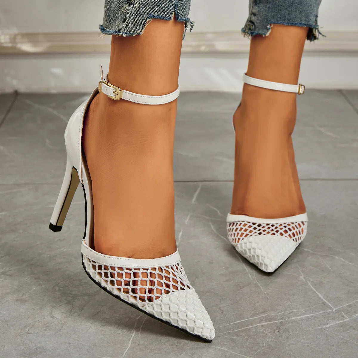 2026 Summer New Style - Three-color Mesh Open Toe Business Shoes with Round Tops, Small Inner Cuts, Thin High Heels