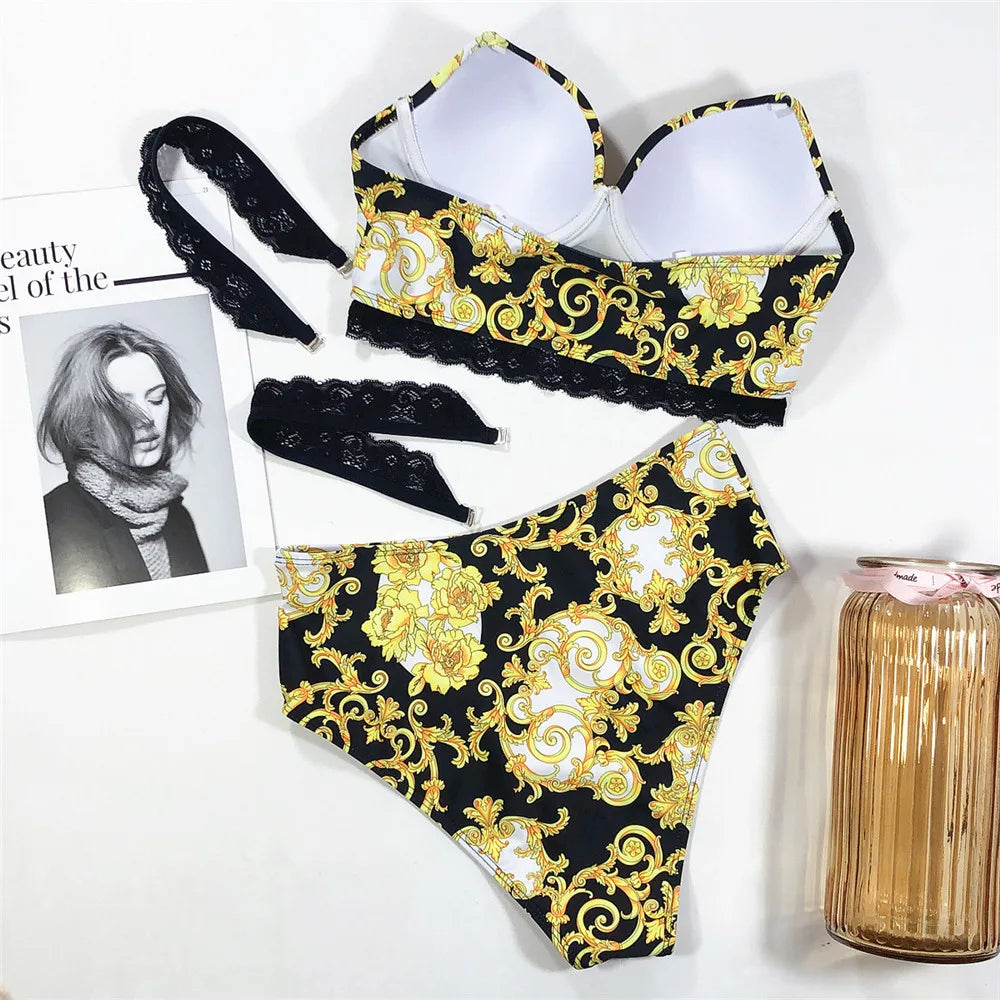 Sexy Black Print High Waisted Bikini Push Up Lace Straps Swimsuits Women 2026 Swimwear Bathing Suit Brazilian Bikinis De Mujer