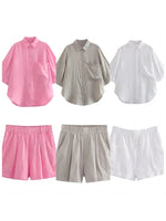 Foridol Casual 2 Pcs Shorts Women Set Linen Cotton Pink Oversize Buttons Shirt+shorts Outfits Summer Autumn White Fashion Set