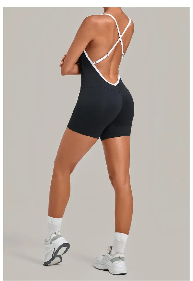 Women's Seamless Yoga Jumpsuits Fitness Sports Gym Hip-lifting Sleeveless One-piece Backless Workout Training Shorts Jumpsuit