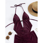 Sexy With Skirt Halter Deep V Neck Women Swimwear One Piece Swimsuit Female High Leg Cut Backless Bather Bathing Suit Swim V8112
