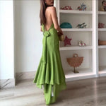Temperament Halter Neck Long Dresses Women Green Backless Leace-up Irregular Package Hip Party Dress Elegant Banquet Vestidos