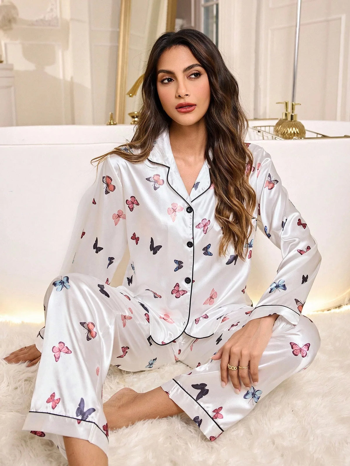 Womens Satin Silk Pajama Set Butterfly Print Long Sleeve Lapel Button‑Up Shirt Pants 2PS Sleepwear Casual Home Loungewear PJ Set