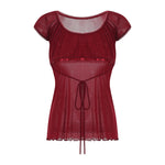 Women Summer Y2K Aesthetic Tops Lace Trim Cap Sleeve Low Cut Shirts Vintage Casual Sexy Tops and Blouses Female