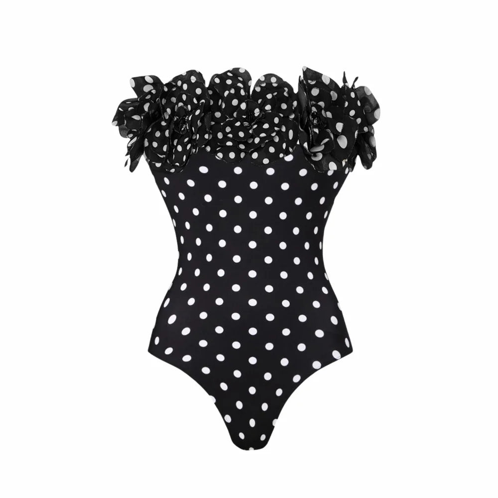 Black Dot Print One Piece Swimsuit Pleate Long Skirt Set 2026 Women Vintage Bandeau Ruffle Push Up Bathing Suit Holiday Swimwear