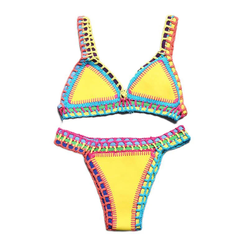 Bikini Crochet 2026 Handmade Knit Patchwork Reversible 2 Piece Swimsuit Women Halter Top Brazilian Bathing Suit Thong Swimwear