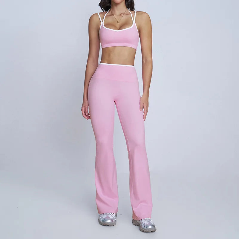 Tight Naked Yoga Shorts Suit Women Double Strap Sports Bra High Waist Flare Leggings Fitness Suit Gym Running Workout Clothes