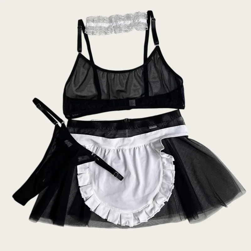 Maid Outfit Cosplay Mesh Lingerie Mesh Transparent Bra+Mini Skirt+Thongs Erotic Costumes Tempation Maid Uniforms Sexy Underwear