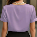 Women T-shirt Solid Color Loose Fit Smooth Satin V-Neck Short Sleeve Tops Ladies Summer Casual Tee Shirt Daily Wear