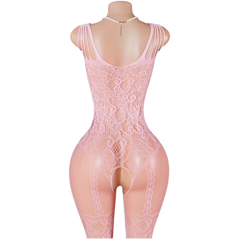 Pink Sexy Lingerie Mesh Bodystockings Teddy Crotchless Fishnet Hollow Open Bra Underwear Erotic Clothing Sexy Lace Bodysuit