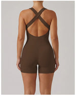Cross Exposed Back Shaping Nude Yoga Jumpsuit Women Summer Sleeveless Pleate Slim Hip Lifting Short Sport Fitness One Piece Suit