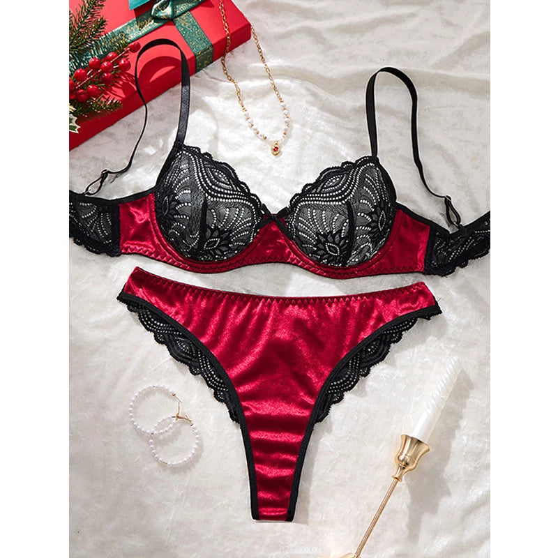 Valentine Sexy Lingerie Black Lace Splicing Underwear Women Set Ultra Thin Luxury Intimate Lingerie 3-point Transparent Bra Set