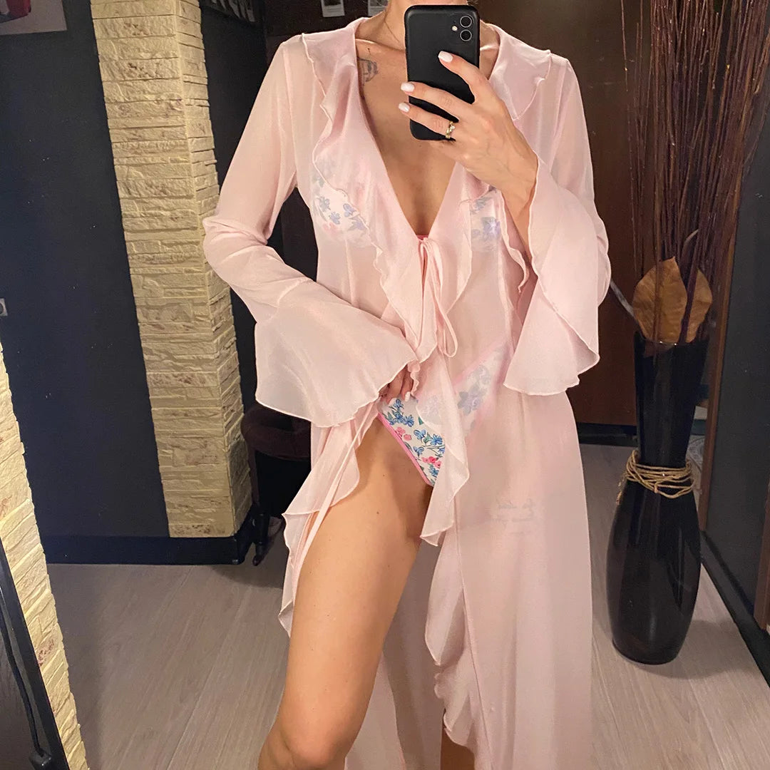 Women's V Neck Ruffled Long Sleeve Dress Chiffon Tunic Beach Cover Up Cover-ups Beach Dress Sunscreen Beachwear Vacation V5976B