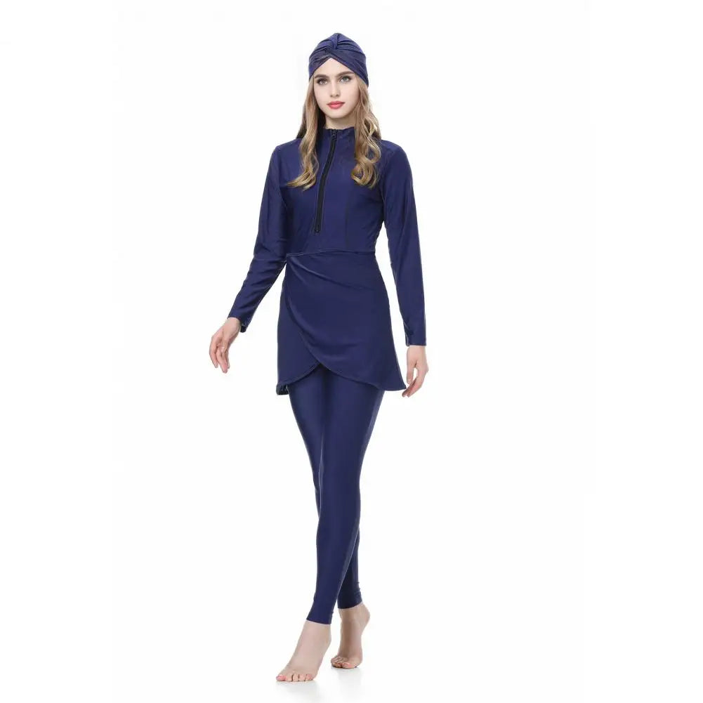 3Pcs/Set Women Split Swimsuit Front Skirt Secure Zipper Closure UV Protection Tops Long Swimming Trousers Set With Headscarf