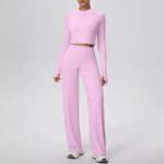 2 Pcs Women's Seamless Yoga Set Long-sleeved Wide-leg Pants Tracksuit Fitness Sports Set High-waisted Hip-lifting Slim-fit Suit