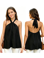 Women Tie-up Halter Tops Loose Solid Color Sleeveless Open Back Ruffled Vest Stylish Summer Streetwear