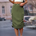 Womens Cargo Midi Skirt High Waist Multi Pocket Pencil Skirt Side Drawstring Ruched Split Hem Bodycon Summer Skirts Streetwear