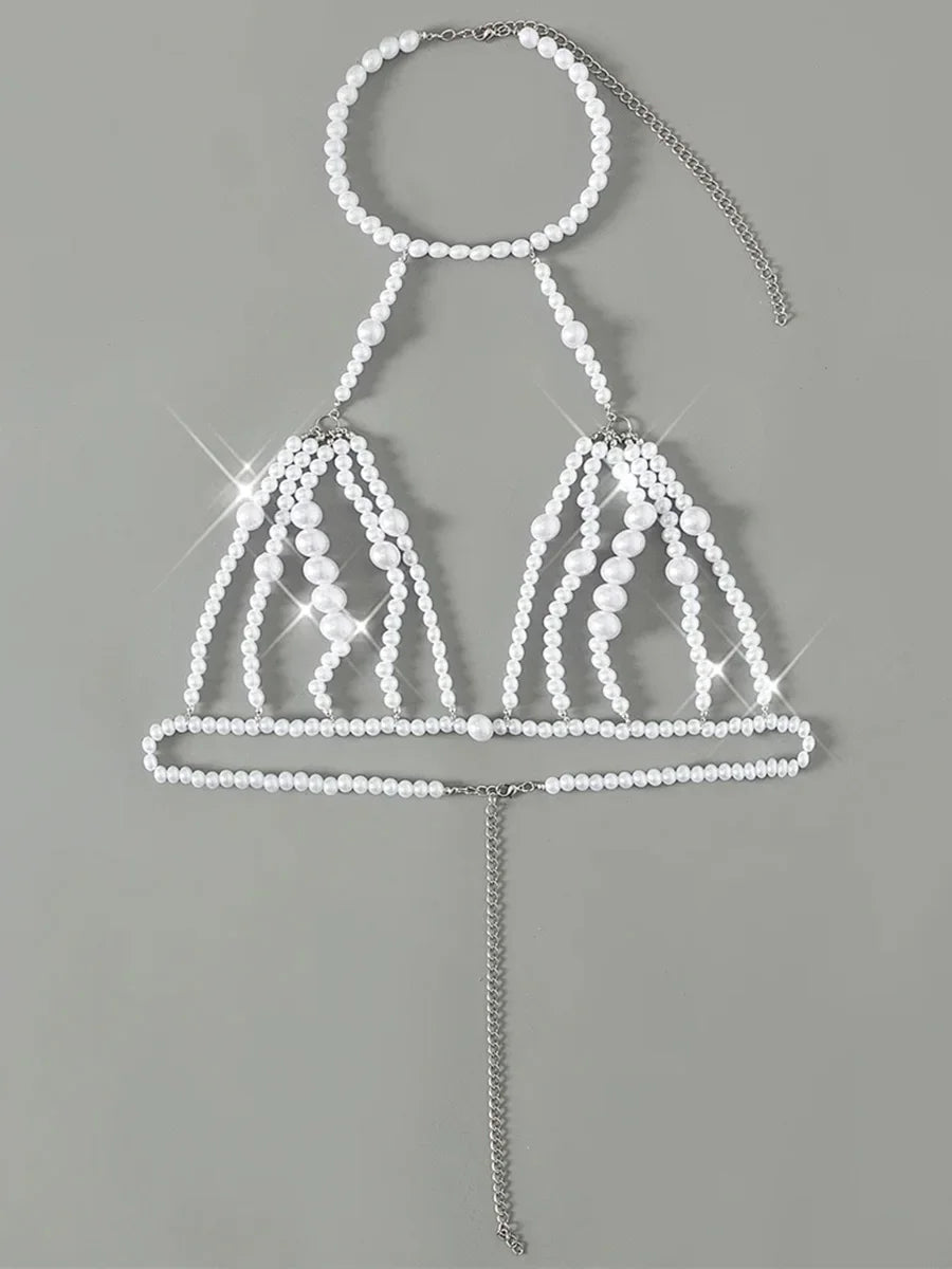 Luxury Pearls Chain Halter Hollow Out See Through Bikini Top Female Swimsuit Women Swimwear Bather Bathing Suit Swim Beach Top