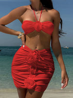 New 3D Flowers With Skirt Brazilian Bikini Women Swimwear Three-pieces Bikini set Female Swimsuit Bather Bathing Suit Swim V5755