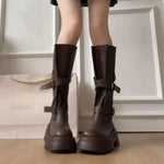 2026 New Vintage Thick Bottom Woman Knee High Boots Fashion Belt Buckle Zippers Shoes Female Knight Long Booties Shoes