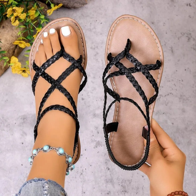 Women Beach Woven Hollow Sandals Women Flats Casual Clip Toe Sandals Summer 2026New Fashion Walking Zapatos Dress Femme Slides