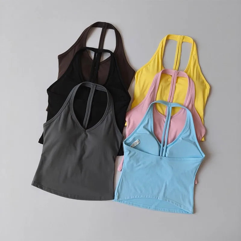 Women's Summer V-Neck Yoga Sports Vest Hanging Back Neck Design Outdoor Running Training Gathered Fit Active Wear Top