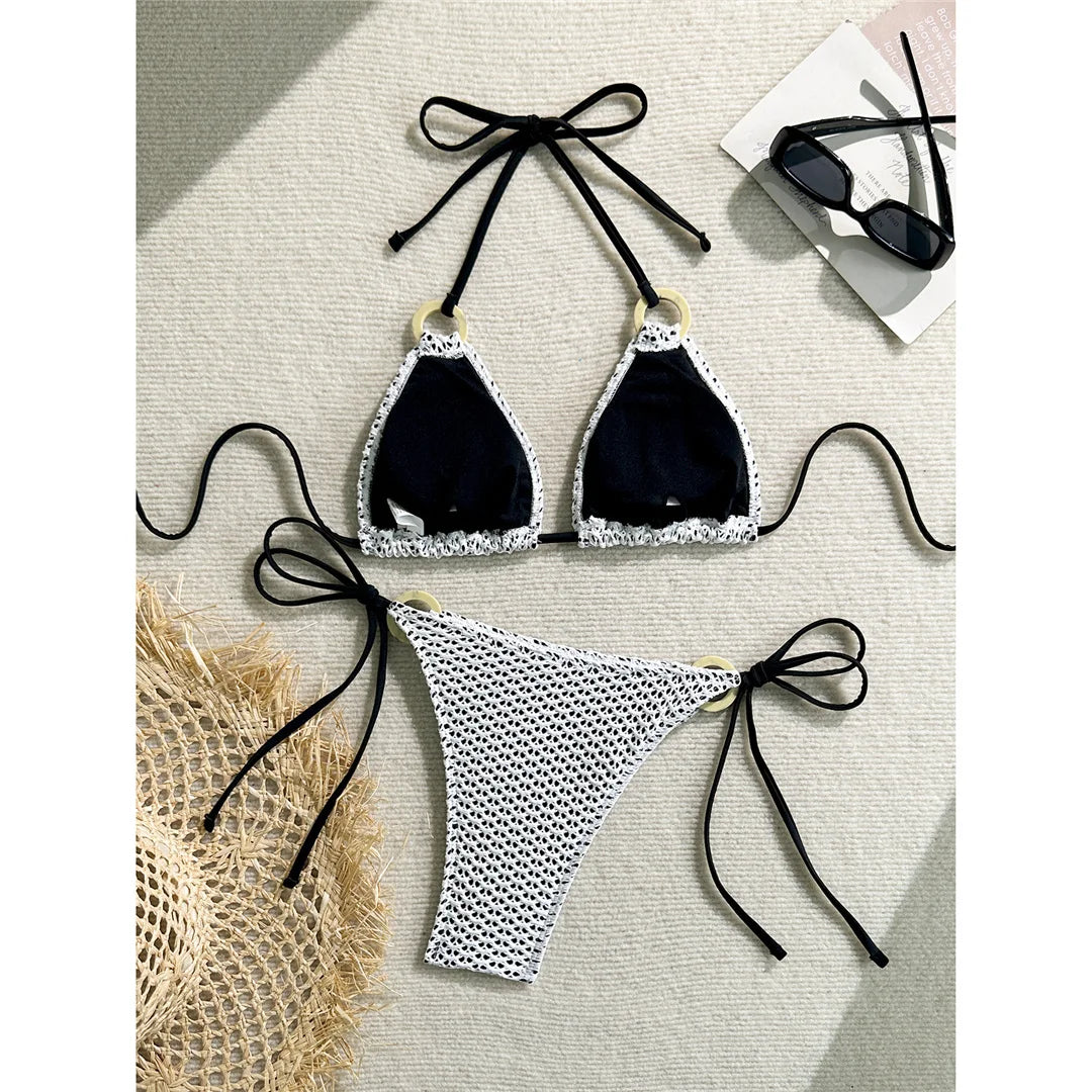 Wrinkled Halter Two-Pieces Bikini Set Bikini Female Swimsuit Women Swimwear Strappy High Cut Leg Bathing Suit Bather Swim V7043
