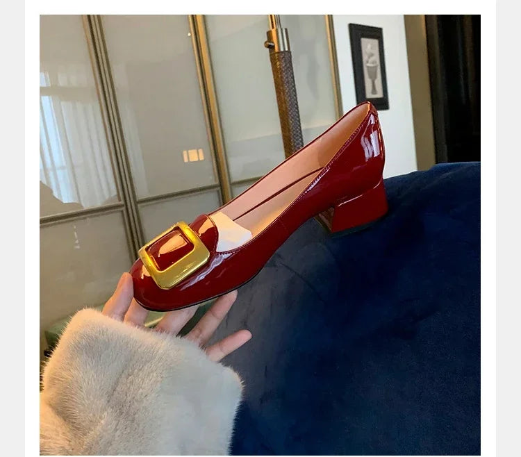 Women Pumps Fashion Square Heel Sexy High Heels Wedding Shoes Ladies Round Toe Metal Buckle Party Chunky Shoes Zapatillas Mujer