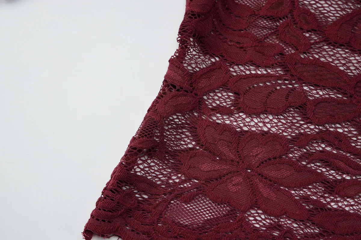 FDYOUI 2026 Spring Summer Wine Red Lace T-shirts for Women Slash Neck Slim Crop Tops Sexy Elegant See-through Short Tee Shirt