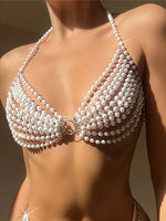 Luxury Pearls Halter Hollow Out See Through Bikini Top Female Swimsuit Women Swimwear Bather Bathing Suit Swim Beach Top V5409