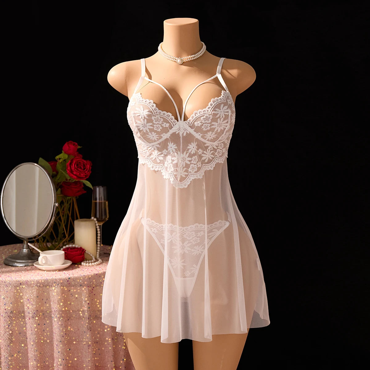 White Sexy Women's Underwear: Laceless Panties with Cutouts, Sexy Halter Dresses, Female Erotic Wear, Naughty Pajamas ZA825096