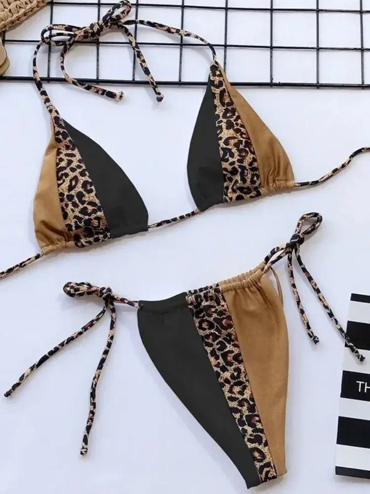 Splicing Leopard Mini Micro String Bikini Women Swimwear Female Swimsuit Two Pieces Bikini Set Halter Bather Bathing Suit Swim