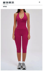 2PCS Workout Set Women Yoga Sets V Neck Cross Slim Sports Tank Top Athletic Wear Outdoor Tight High Waist Leggings Fitness Suits
