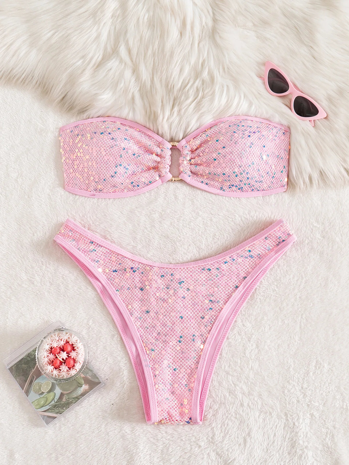 Shiny Sequin Bandeau Bikini Set 2026 Women Sexy Gold Front Circle Push Up Micro Swimsuit Bathing Suit Thong Swimwear Biquini