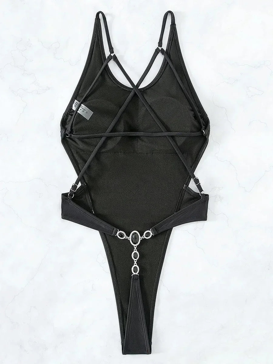 New Long Sleeve G String Diamond Bikini Female Backless Swimwear One Piece Swimsuit Women Monokini Sexy Bather Bathing Suit Swim